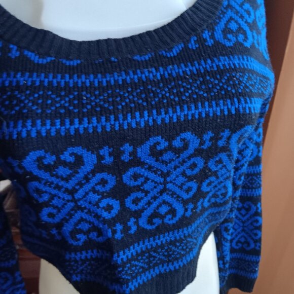 Blue & Black Cotton Emporium Cropped Sweater XS Nordic Pattern Knit Pullover - Picture 3 of 6